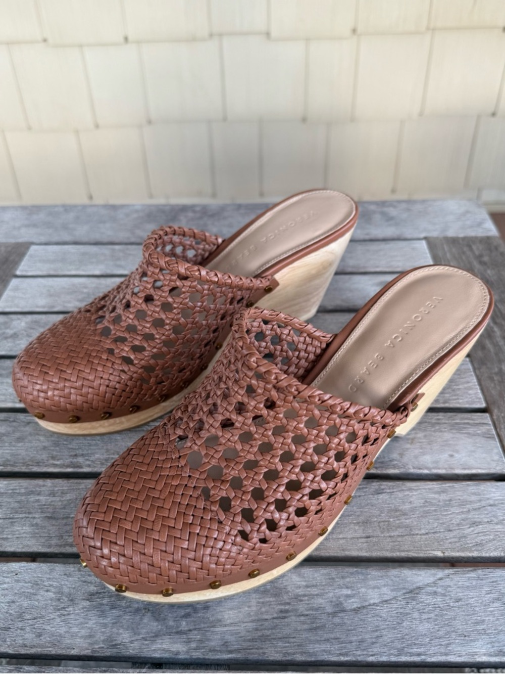 Veronica Beard Hardie Woven Leather Clog Mule Heels Brown Wood Studded 7.5